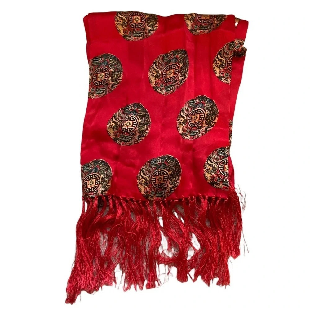 100% silk red fringed scarf